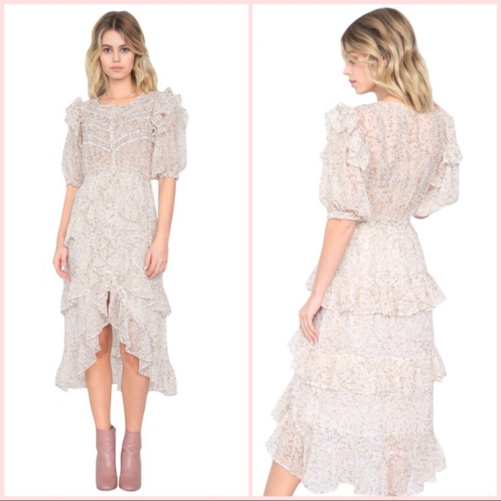 Ivory Floral Print Slit Lace Sheer Midi trim Dress